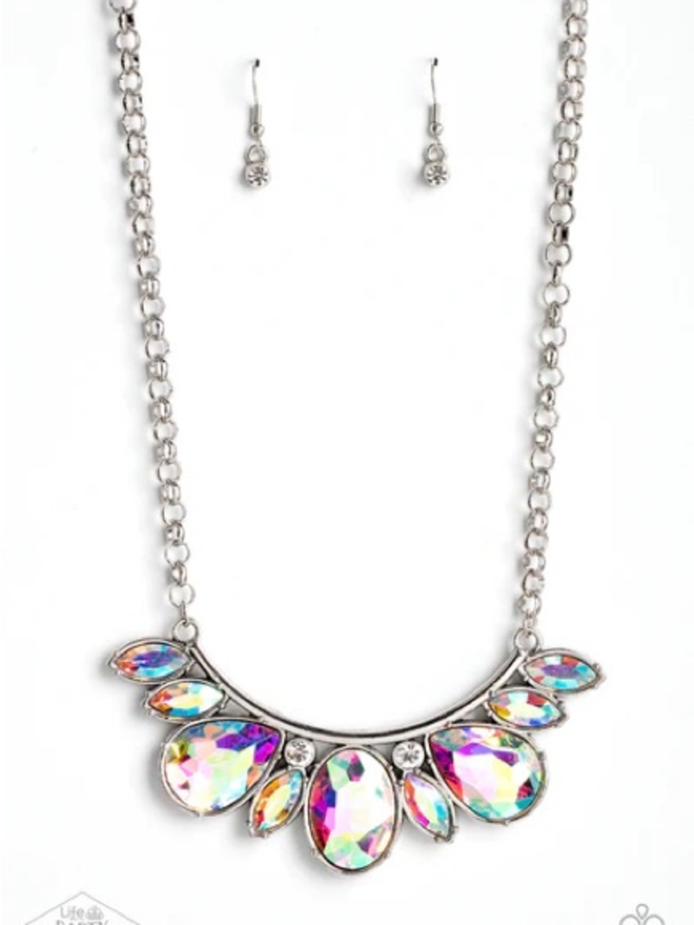 Crystal Teardrop Statement Necklace & Earring Set - Silver
